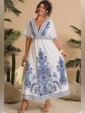Blue & White V-Neck Maxi Dress Size Large